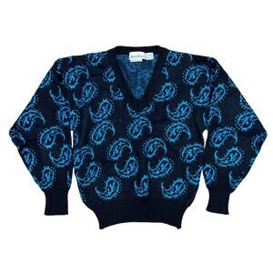 Vtg 80s Patsy’s Place Paisley Black metallic Turquoise V neck sweater Medium